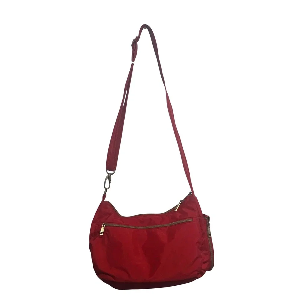 Travelon Anti-Theft Red Nylon Crossbody Hobo Bag Multiple Pockets Adjustable - Picture 3 of 11